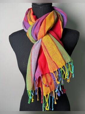 Camari Ecuador Handwoven Cotton Rainbow Stripe Wrap Scarf Fringe Boho Fair Trade